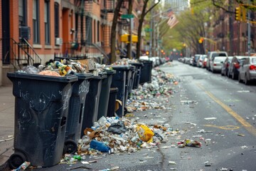 Fototapeta premium An urban alleyway is overflowing with trash, waste bins, and clutter, creating a chaotic cityscape around it