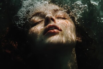 Close-up of a woman submerged underwater with eyes closed, surrounded by bubbles and light reflections, evoking serenity and introspection