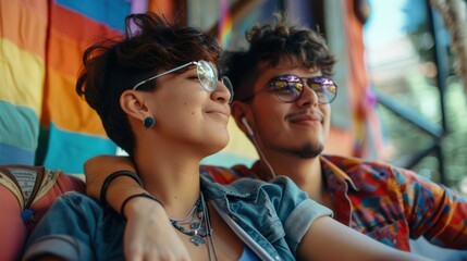 Obraz premium A man and a woman are sitting on a couch, both wearing glasses