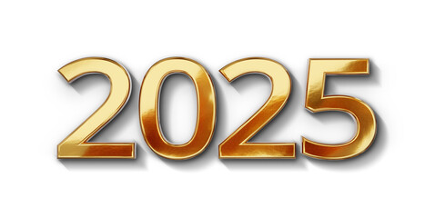 golden year 2025, metallic gold or gold color number in bold letters, strong dark shadows for up to dark backgrounds, isolated, flat style as symbol icon background overlay element