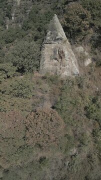 Vertical drone video. Rock formations, forested mountains and large formations. Hiking through the green forest. Hiking concept. Amatlan, Mexico
