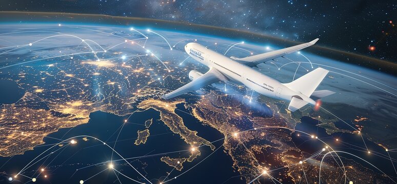 A white airplane flying over a map of Europe with connecting lines symbolizing global connectivity. The Earth and space are in the background.
