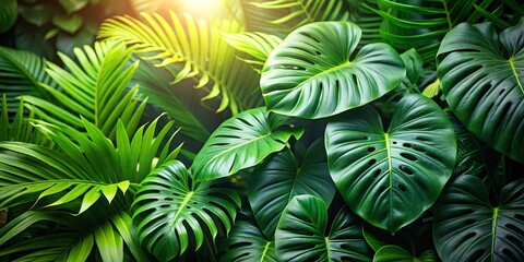 Fototapeta premium Tropical leaves background with lush green foliage, creating a serene and naturally beautiful atmosphere, tropical, leaves