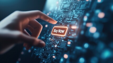 Fototapeta premium A close-up of a hand pressing a 'Buy Now' button on a digital circuit board, symbolizing online shopping and technology.