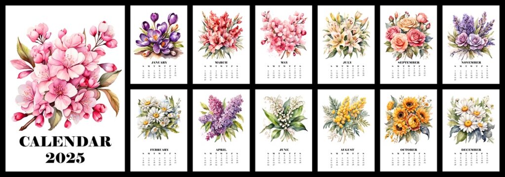 Wall calendar for 2025 with watercolor flowers. Different bouquets for every month. Set of 12 pages of botanical illustrations with cover