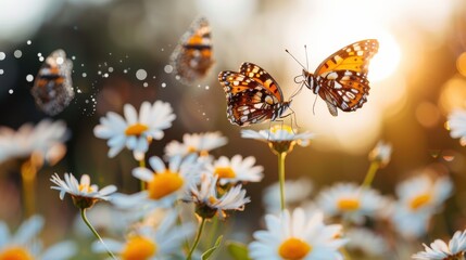 Obraz premium An incredible view of butterflies flying across a field of daisies, with a golden light from the sun illuminating the scene in a picturesque, natural setting.