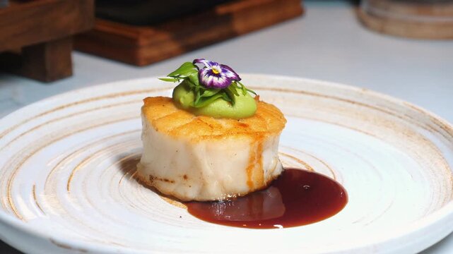 Beautifully plated gourmet fish dish garnished with greens and flower, presented on elegantly designed white plate. Fine Dining and Gastronomy