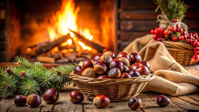 Chestnuts roasting on an open fire with traditional Christmas decorations in a cozy winter setting , chestnuts