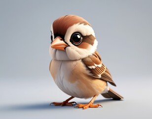 Obraz premium 3d illustration of a sparrow on a white background with big eyes on grey background 3d animals pictures for kids, good for print for clothing, stationery, books, children's products