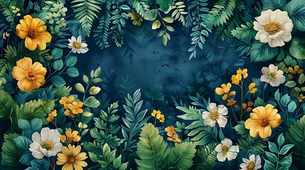 A serene watercolor pattern of a botanical garden, showcasing various botanical elements like ferns, leaves, and flowers, painted in soft, natural colors, seamlessly integrated with smooth transitions