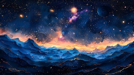 Fototapeta premium A serene watercolor pattern of a galaxy, showcasing a night sky filled with shimmering stars, glowing planets, and ethereal nebulas, painted in vibrant blues and purples, arranged seamlessly with soft