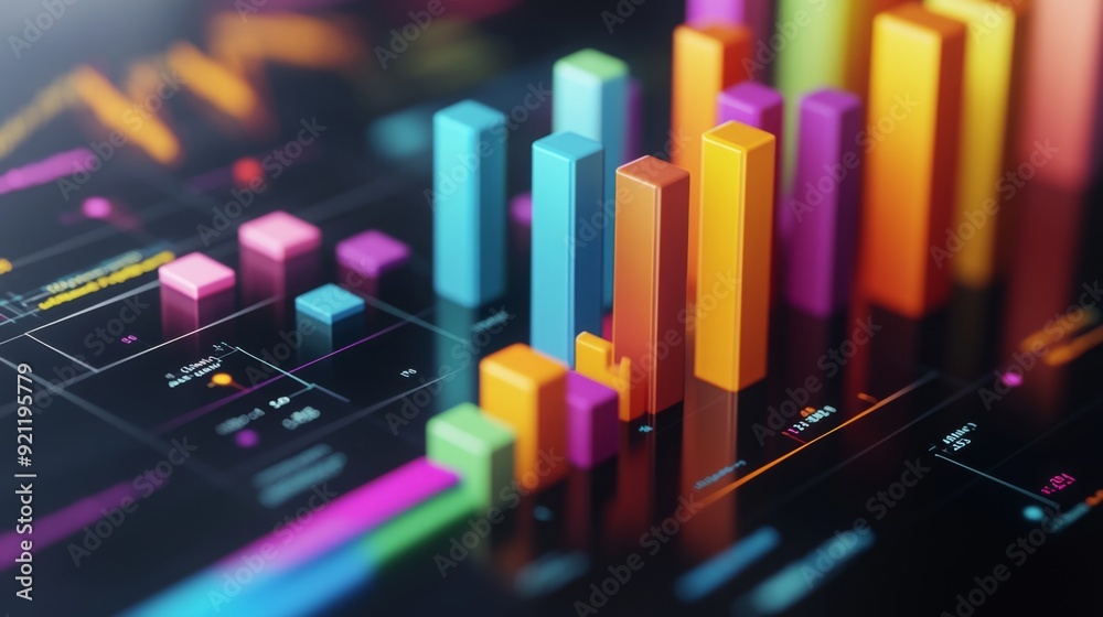 Poster a close-up of a 3d bar graph on a computer screen, with colorful bars rising from a grid and data po