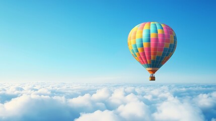 Fototapeta premium A romantic shot of a hot air balloon floating gracefully over a layer of fluffy clouds, with the clear blue sky 