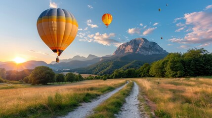 Fototapeta premium Vibrant hot air balloons gracefully hover over a mountainous valley, soaring high amidst a vast, green landscape, capturing an exhilarating view from above.