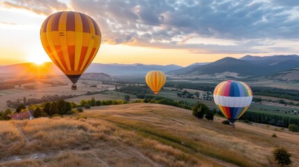 Obraz premium Multiple colorful hot air balloons float above sunlit hillside fields, casting vibrant shadows on the golden grass while the sun sets in the background.
