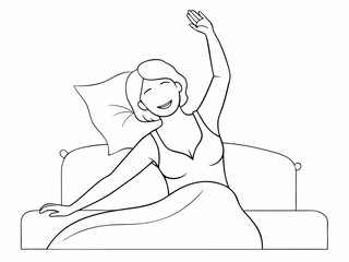 continuous single line drawing of woman stretching in bed after waking up, line art vector illustration
