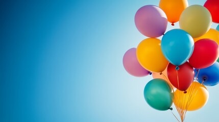 A cluster of helium balloons in various colors floating against a pristine blue sky, creating a festive and light-hearted scene 
