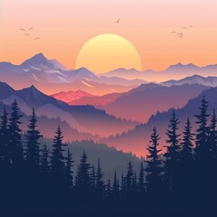 Obraz premium Vector landscape, sunset scene in nature with mountains and forest, silhouettes of trees and hills. Beautiful landscape of mountains and wild forest