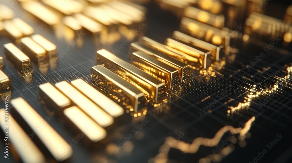 Aufkleber a close-up of a 3d gold bar chart on a digital screen, with gleaming gold bars rising from a grid, r