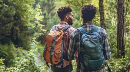Two men are walking in a forest, one of them is wearing a blue backpack