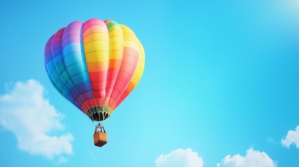 Fototapeta premium A bright rainbow-colored balloon captured mid-flight against a backdrop of a flawless blue sky