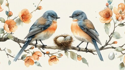 Fototapeta premium A serene watercolor pattern of birds perched on branches with nests and eggs, showcasing delicate birds painted in soft, pastel hues, seamlessly integrated with smooth transitions and intricate detail