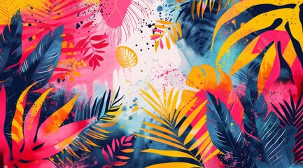 A beautifully colorful abstract design showcasing lush tropical leaves portrayed in vibrant and eyecatching hues