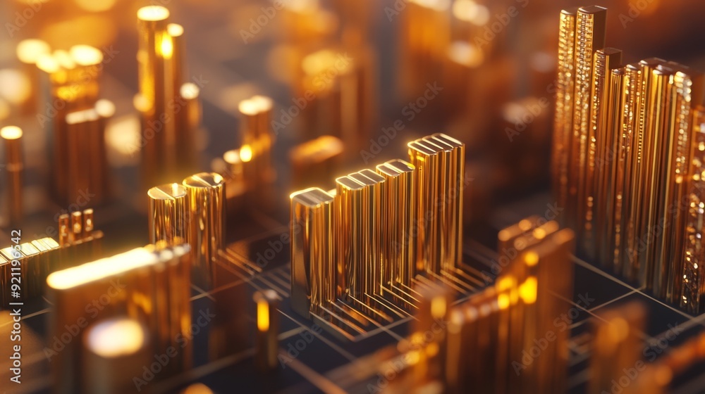 Poster A close-up of a 3D gold stacked column graph with golden layers and segments, illustrating a breakdown of financial data with a luxurious and detailed presentation.