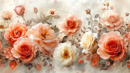 A serene watercolor pattern of floral bouquets, including roses, peonies, and daisies, seamlessly integrated with gentle stems and leaves, painted in soft pastels, with subtle gradients and intricate 