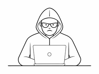 continuous single line drawing of computer hacker stereotype, line art vector illustration
