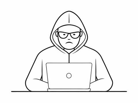 continuous single line drawing of computer hacker stereotype, line art vector illustration
