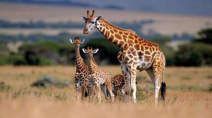 Obraz premium A captivating image showcasing a family of giraffes in a lush African savannah with vibrant green trees in the background, providing a scenic and serene wildlife moment.