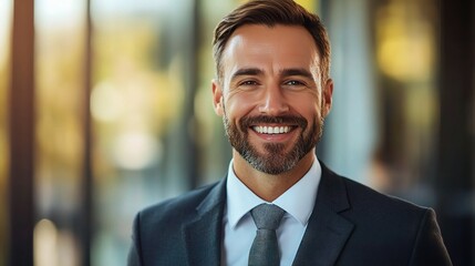 Fototapeta premium Confident Businessman - Portrait of a charismatic businessman with a beaming smile, exuding confidence and success in a corporate setting.