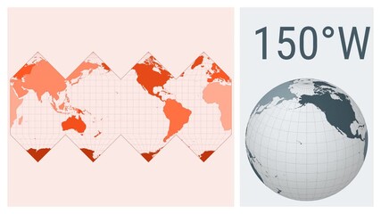 World Map Animation. HEALPix projection. Colored continents style. Animated world map in Healpix projection. Loopable animation showing longitude shift and matching globe.