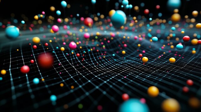 A close-up of a 3D scatter plot with data points floating above a grid, using various colors and sizes to represent different financial data sets and trends.
