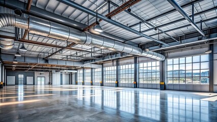 Industrial building interior with exposed ductwork, concrete floors, and large windows , warehouse, factory, industrial