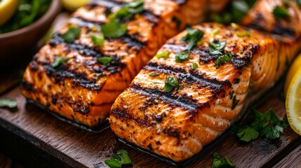 A close-up of a beautifully grilled salmon fillet with crispy skin, garnished with fresh herbs and lemon slices, highlighting its texture and delicious appearance.