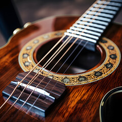 Obraz premium Elegant Classic Guitar Captured in a Closeup View: Reflecting Craftsmanship, Design, and Musical Passion