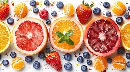 A vibrant watercolor pattern of fruits, featuring strawberries, oranges, and blueberries, arranged in a seamless design with soft edges and vivid hues, creating a lively and appetizing look --ar 16:9 