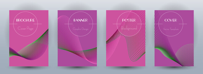 Wave flow dynamic banners geometric vector set. Covers with curve lines texture abstract waveform motion. Blend wave background pattern certificate templates. Sound frequency concept.