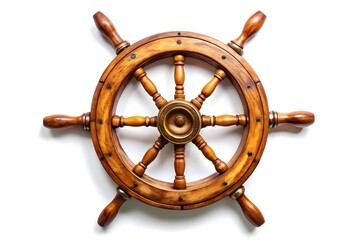 Large Old ship wooden steering wheel rudder isolated on white background
