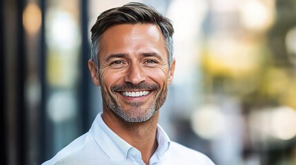 Fototapeta premium Confident & Radiant: Mature businessman with a beaming smile exudes success and charisma in the urban jungle. 