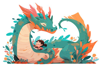 cute and endearing illustration cartoon style representation of a dragon and a human child together