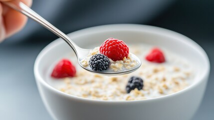 Delicious bowl of oatmeal topped with fresh berries, perfect for a healthy breakfast or snack.