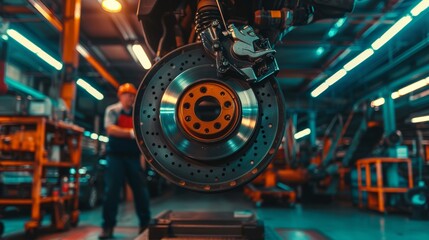 Fototapeta premium Mechanic Fixing Brake Pad Issues in Modern Garage Environment - Tools and Detailed Brake Assembly Work