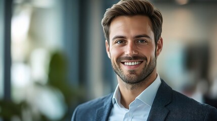 Fototapeta premium Confident Professional: A Portrait of Success - A charismatic businessman radiates confidence with a genuine smile, showcasing the essence of leadership, ambition, and drive. 
