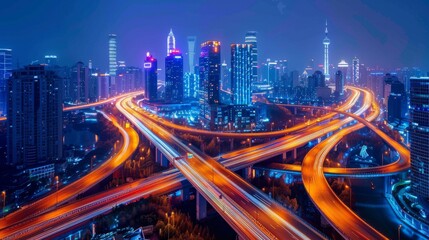 Obraz premium A vibrant and dynamic night cityscape showcasing illuminated roads, bustling skyscrapers, and bright lights