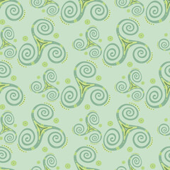 Neolithic triple spiral celtic triskele sacred symbol seamless pattern. Trinity helix triskelion swirl sacred geometry. Celtic joining spirals mystical motif. Druid sign ornament.