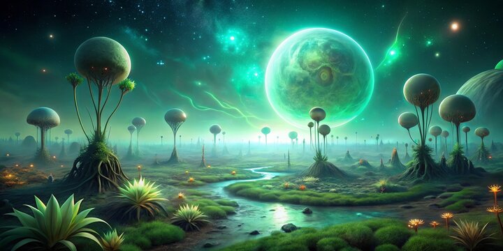 Otherworldly alien landscape with bioluminescent plants and multiple moons in greenish sky, alien, landscape, bioluminescent, plants