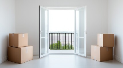 Empty room with open windows and cardboard boxes, ideal for themes of moving, relocation, or fresh beginnings.